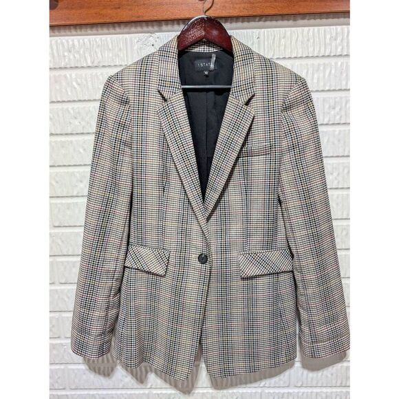 1.STATE Women's Black Tan & White Small Checked Pattern Blazer Jacket Size 10 - Picture 1 of 8
